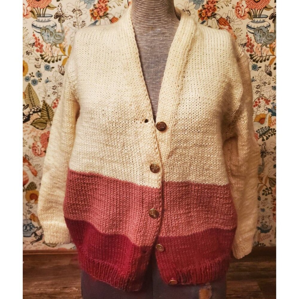 Handmade ladies pink/cream sweater gold buttons. Cotton blend.  Size L/Large.